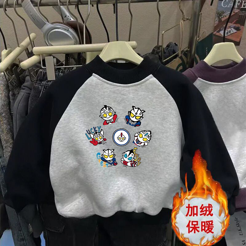 中小宝宝上衣插肩拼色圆领加绒卫衣冬季洋气卡通印花2024新款外套