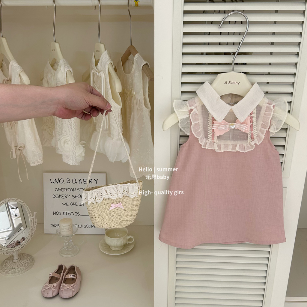 [Le En baby] Vestido de chaleco rosa de nuevo estilo de verano para niñas Vestido de malla de encaje de estilo occidental para bebés Xiaoxiang