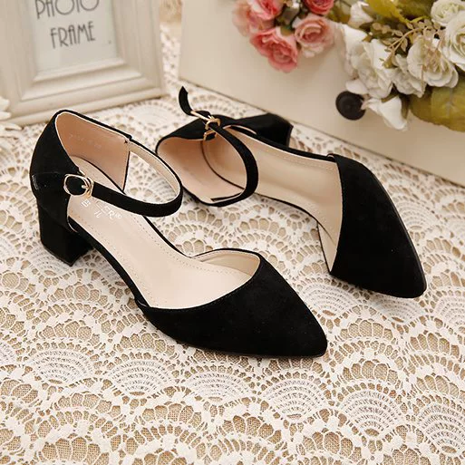 真软皮绒面单鞋女2025春夏季新款包头凉鞋女尖头百搭粗跟女鞋透气