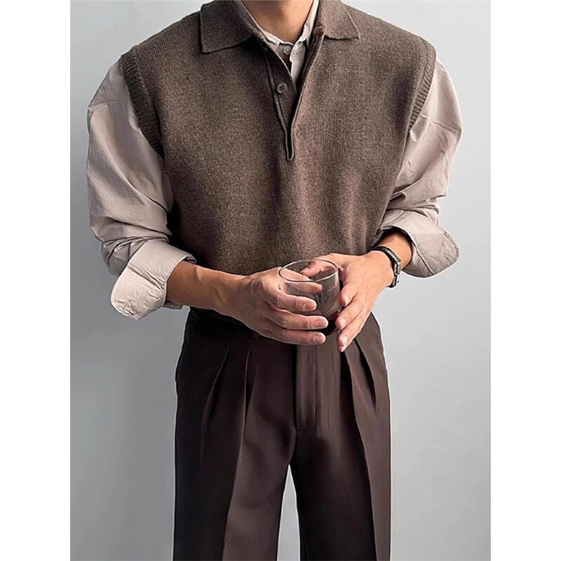 Old Money Style Brown Knit Polo Shirt Sleeveless Vest Men's Autumn Trendy Brand High-End Base Sweater