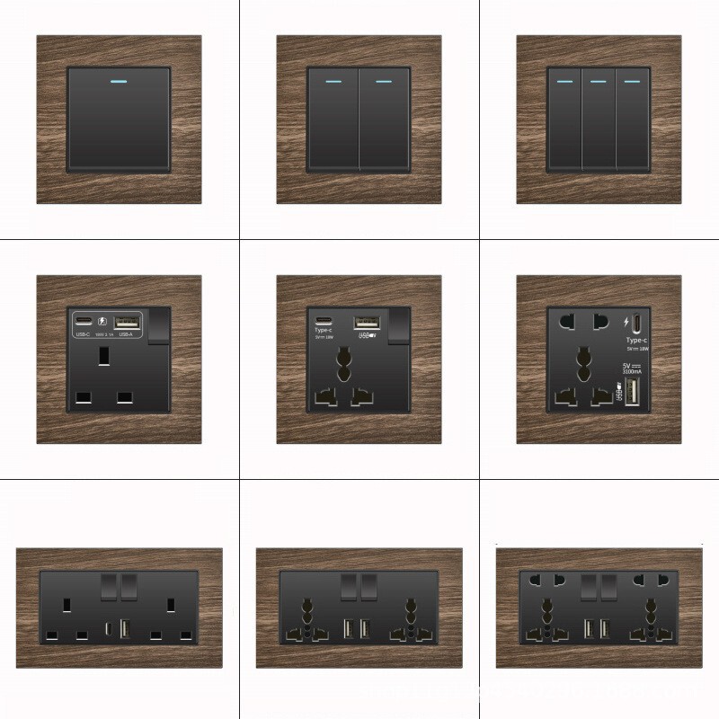 Hong Kong and Macao version 13A British socket with USB fast charge type-c British standard square foot three-hole aluminum wood grain panel Hong Kong and Macao version 13A British socket with USB fast charge type-c British standard square foot three-hole aluminum wood grain panel