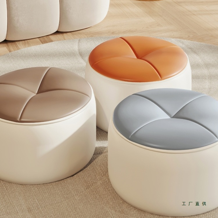 Solid Wood Low Stool for Home Use, Shoe-Changing Stool, Leather Stool, Light Luxury Living Room Creative Seating, Trendy Small Stool, Coffee Table Round Stool, Bench