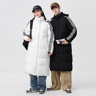 Three Bar Cotton-padded Jacket for Men and Women Mid-length Korean Knee-length Loose Couple's Thickened Winter Bread Coat