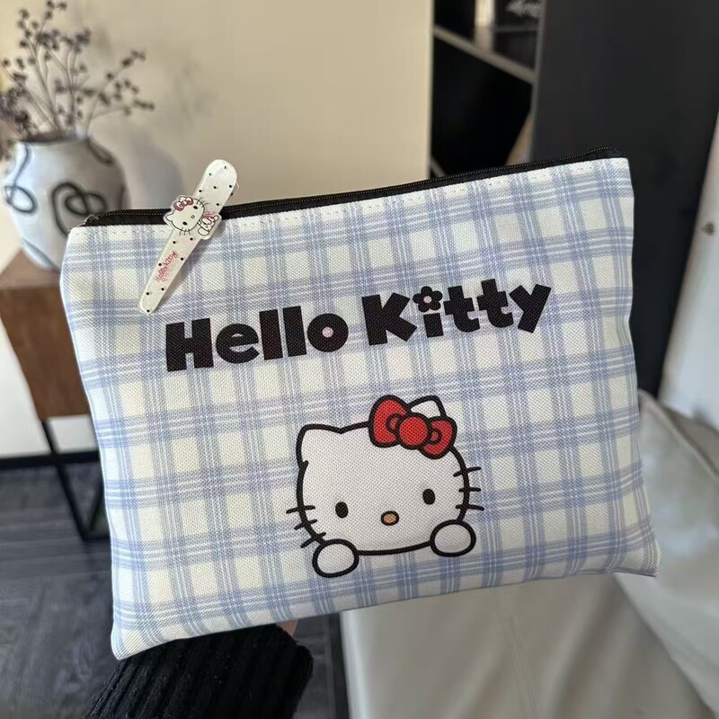 Blue, Pink, and Yellow Plaid Hello Kitty Makeup Bag, Portable Clutch Bag, Large Capacity Storage Bag for Cosmetics and Miscellaneous Items