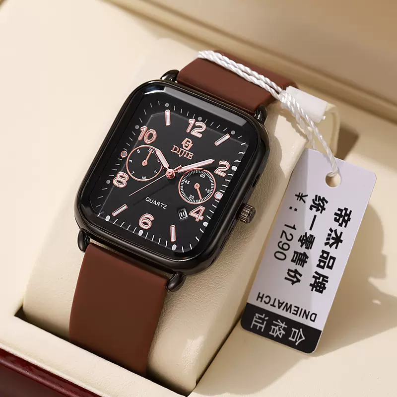 时尚轻奢百搭女士手表爆款表盘方形硅胶带日历刻度手表小众石英表