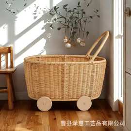 藤编玩具收纳篮儿童过家家手推车玩具手推小车造型收纳筐