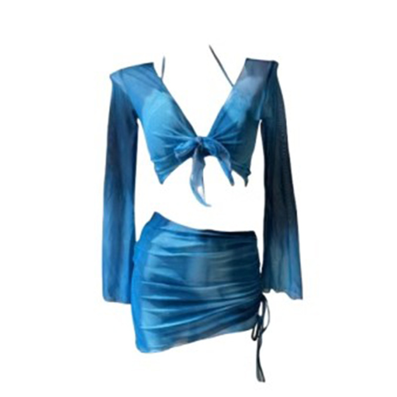 2025 nuevo traje de baño de mujer tie-dye puro deseo bikini dividido de cuatro piezas de manga larga protector solar traje de baño de alta calidad