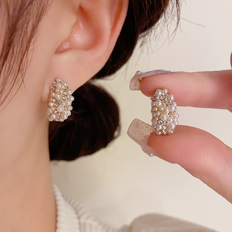 Autumn and Winter French Vintage Fragrant Style Zircon Pearl C- shaped Ear Ring 925 Silver Needle High-grade Elegant Ear Stud Earrings