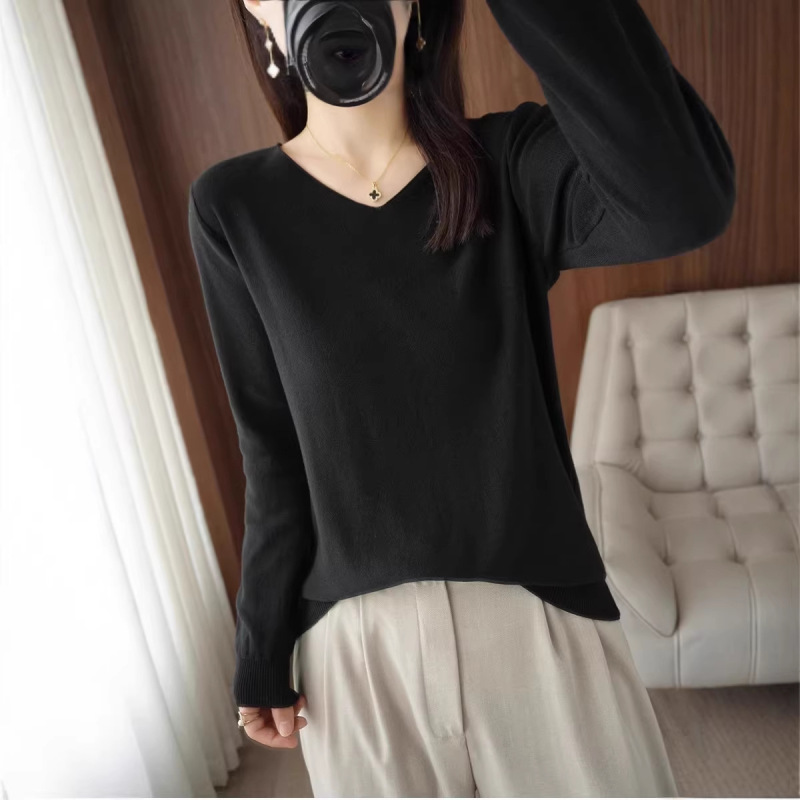 Spring and Summer New Style Pure Cotton V-Neck Rolled Edge Knitted Short-Sleeve Women's Fashion Versatile Top Simple Sweater Base Shirt for Women