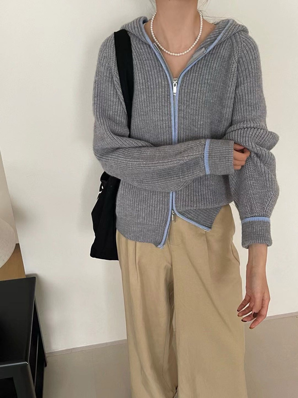 连帽双拉链毛衣外套女2025秋冬新款韩系撞色边针织开衫小个子穿搭|undefined