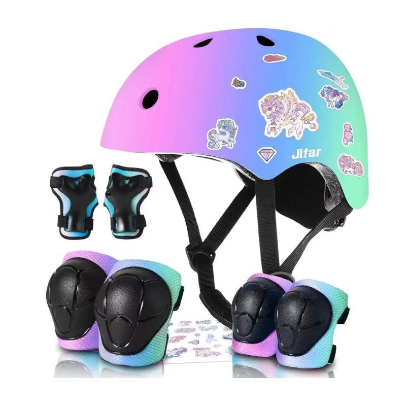 Children's Bicycle Sports Protective Equipment Gradient Color Helmet Plus Gradient Color Protective Gear (6-Piece Set) Does Not Include Stickers