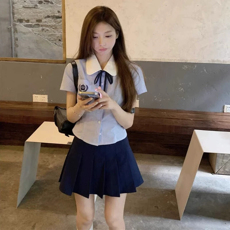 Синяя рубашка в консервативном стиле с короткими рукавами и талией, женские топы, униформа jk, летняя плиссированная юбка, элитный женский костюм из двух предметов