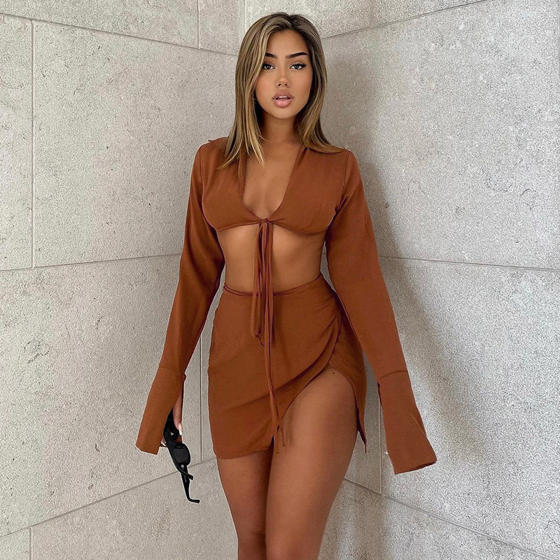 women's Lace-up long-sleeved top slit skirt suit nihaostyles clothing wholesale NSFLY77680