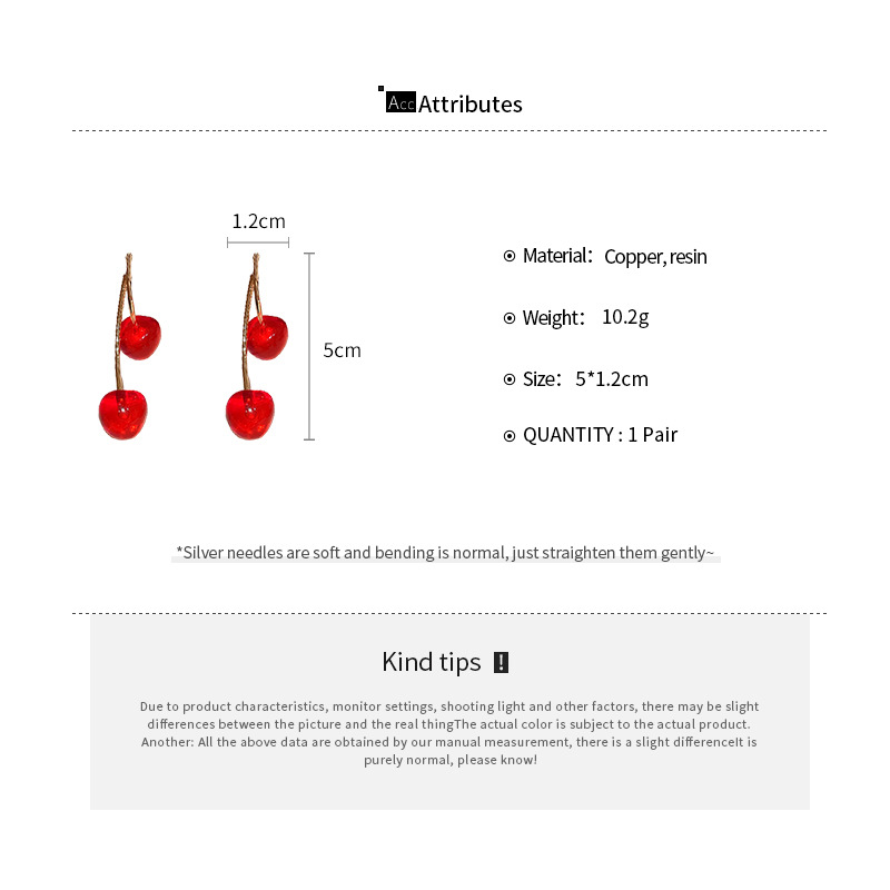 11g Weight 925 Sterling Silver Ear Needle Material Drop Earrings Classification 1 Pair Quantity Holiday, Daily Occasion Resin, Copper Material Cherry Pattern Women's Gender Cute, Sweet Style 1 Pair Cute Sweet Cherry Resin Copper Drop Earrings 1