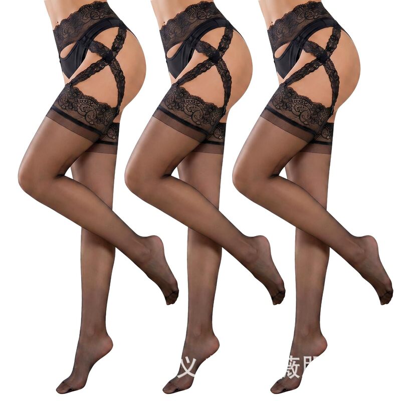 Sexy Cross-Lace Suspender Stockings for Women, One-Piece High-Waisted Hollow-Out Black Silk Erotic Temptation Long Stockings with Garter Belt