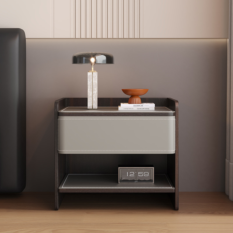 Mesita de noche de hotel de madera maciza simple B&B sillín de cuero gabinete de almacenamiento para dormitorio mesita de noche de hotel de lujo ligero de madera maciza sin pintura