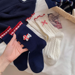 藏青色蝴蝶结袜子女中筒袜秋冬韩系可爱饰品堆堆袜学院风花边棉袜