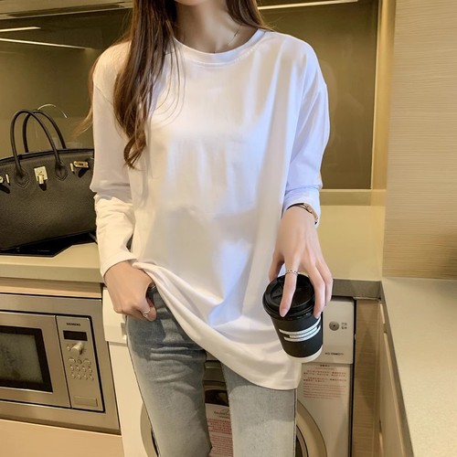 Korean Plus Size Pure Cotton Long Sleeve T-Shirt for Women Loose and Slim Fit Layering Top Overshirt Medium Length T-Shirt Casual