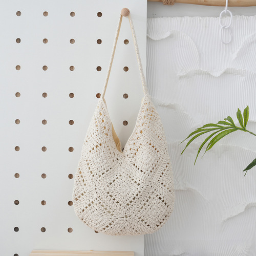 Nature-inspired minimalist diamond pattern cotton wire woven bag, grandmother's square swallowtail grass woven bag, everyday casual beach bag for women