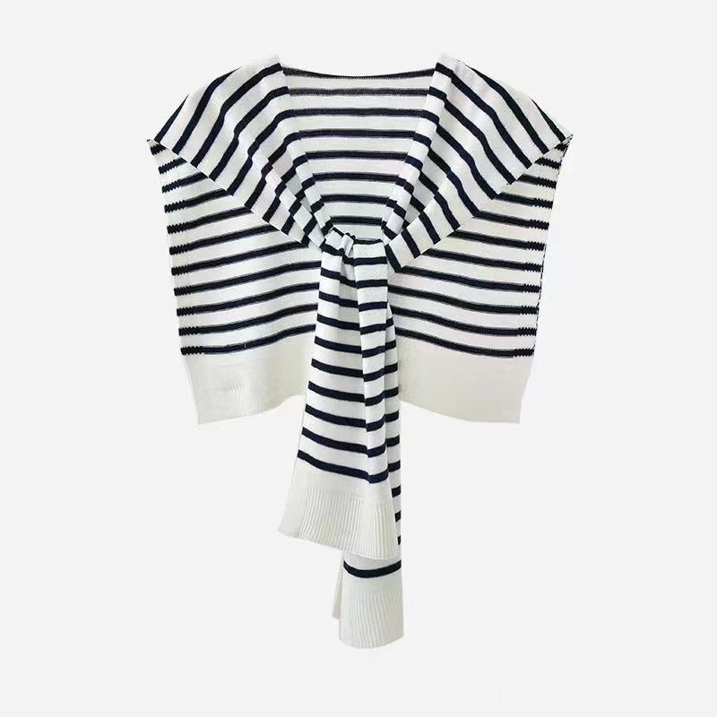 Xale/cachecol listrado de tricô para primavera/outono, feminino, leve, versátil, quente e protetor de pescoço._voghion.com
