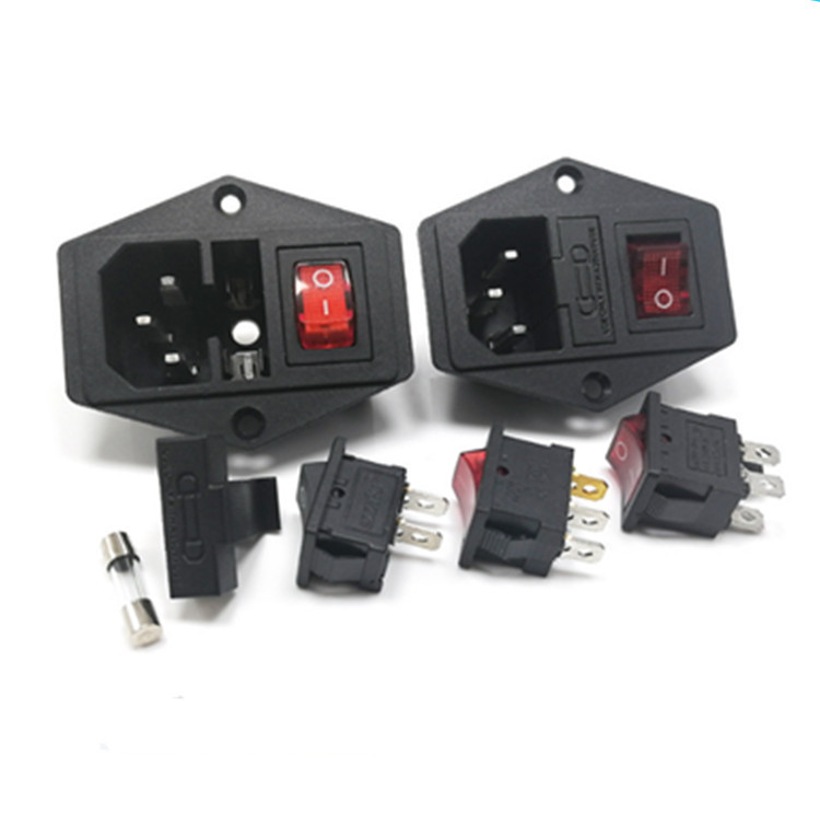 带线AC电源插座三合一品字插头带开关保险丝公座10A三插带耳朵