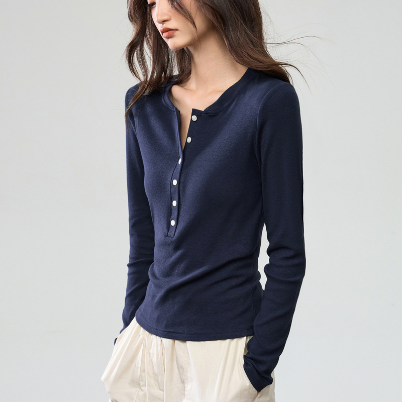 260g Ecocos Henry Collar Stylish New Autumn Button-Down Long-Sleeve T-Shirt for Women, Slim Fit Top, Base Layer Shirt