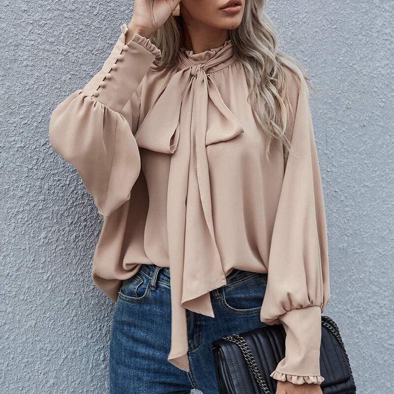 2024 Amazon Hot Selling European and American High Neck Bow Tie Bubble Long Sleeve Women's Loose All-match in stock Top 2024 Amazon Hot Selling European and American High Neck Bow Tie Bubble Long Sleeve Women's Loose All-match in stock Top