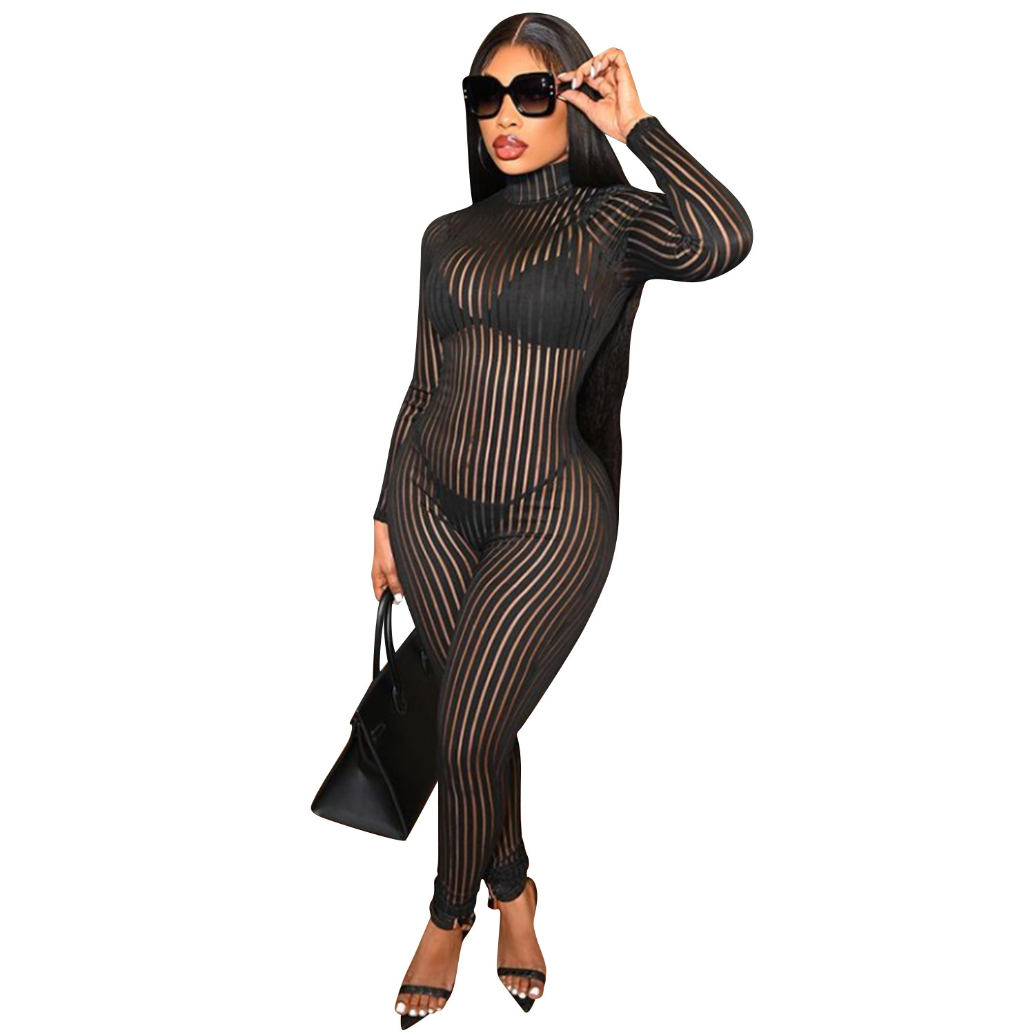 C5345 nuevos productos transfronterizos Aliexpress Amazonas perspectiva sexy ropa de mujer estriada pantalones de manga larga