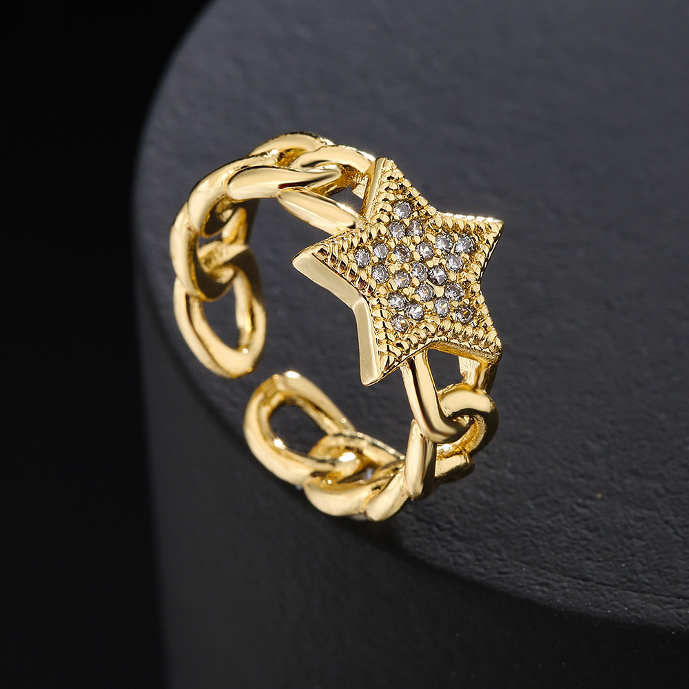 fashion copper 18K gold zircon five-pointed star geometric open ring female