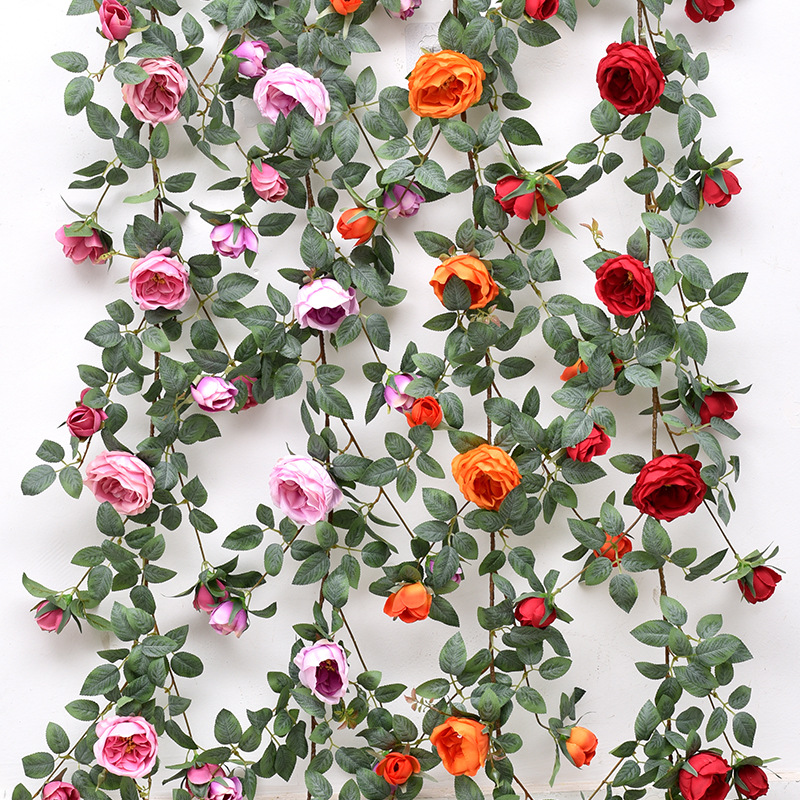 Simulated Rose Wall Hanging Artificial Flower Rose Vine Outdoor Green Plant Plastic Wall Hanging Flower Decoration Balcony Plant