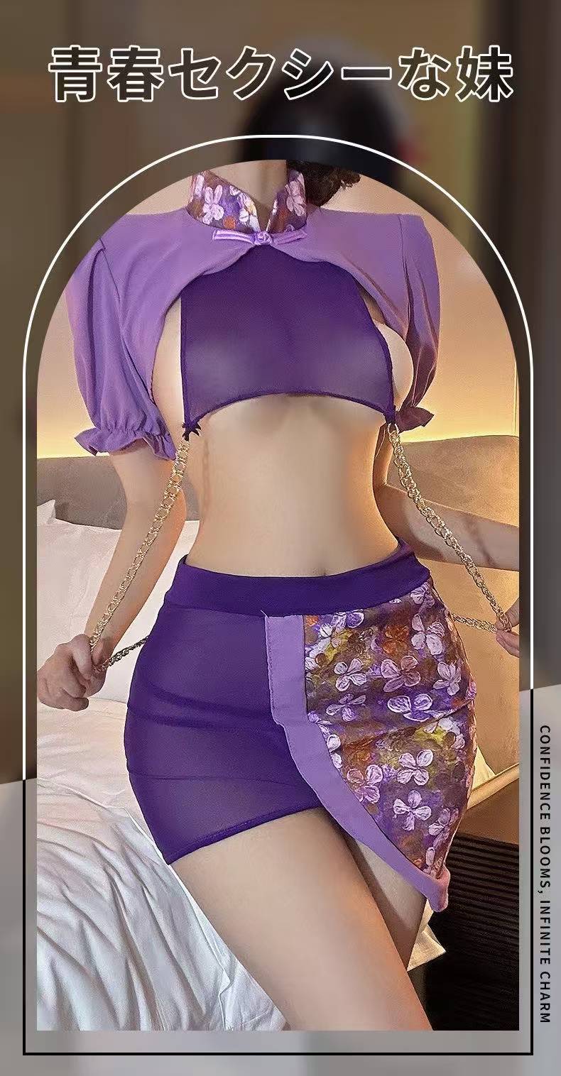 Retro Open-Chest Cheongsam Lingerie Set with Pull Chain, Purple Mesh Polyester, One Size — detail image 2