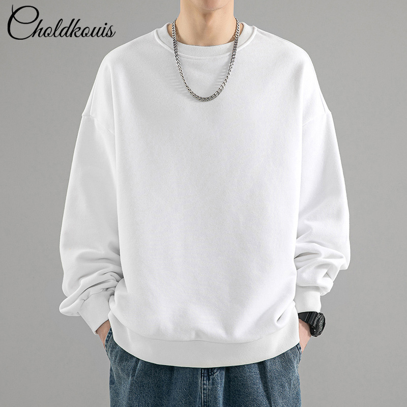 화이트 라운드넥 스웨트셔츠 레귤러 스타일 - 솔리드 컬러 [GL]