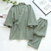 Women's Green-Single-line Grid Washed Cotton Kimono Set