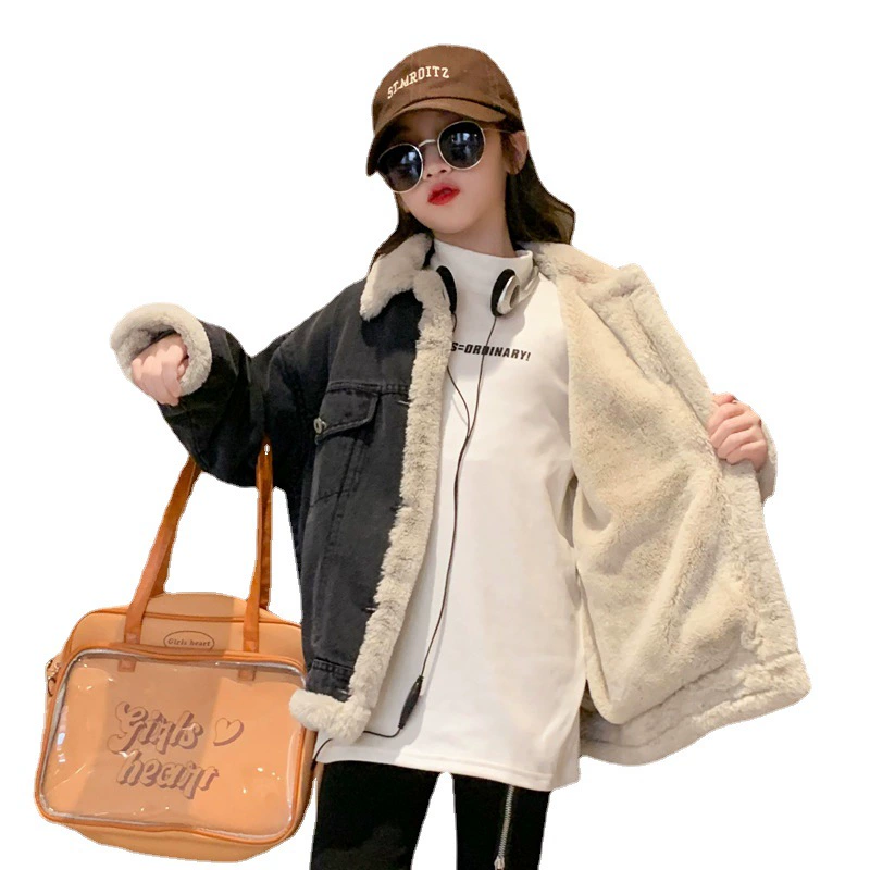 Denim fleece children's winter down jacket, 2022 collection, for teenagers