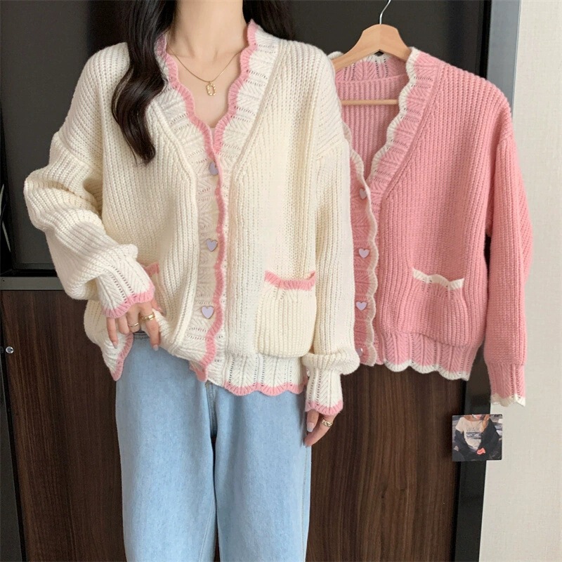 Korean Style Wavy Edge High-End Heart-Shaped Button Knit Cardigan Autumn and Winter New Color-Blocking V-Neck Loose Sweater Women's Coat Korean Style Wavy Edge High-End Heart-Shaped Button Knit Cardigan Autumn and Winter New Color-Blocking V-Neck Loose Sweater Women's Coat