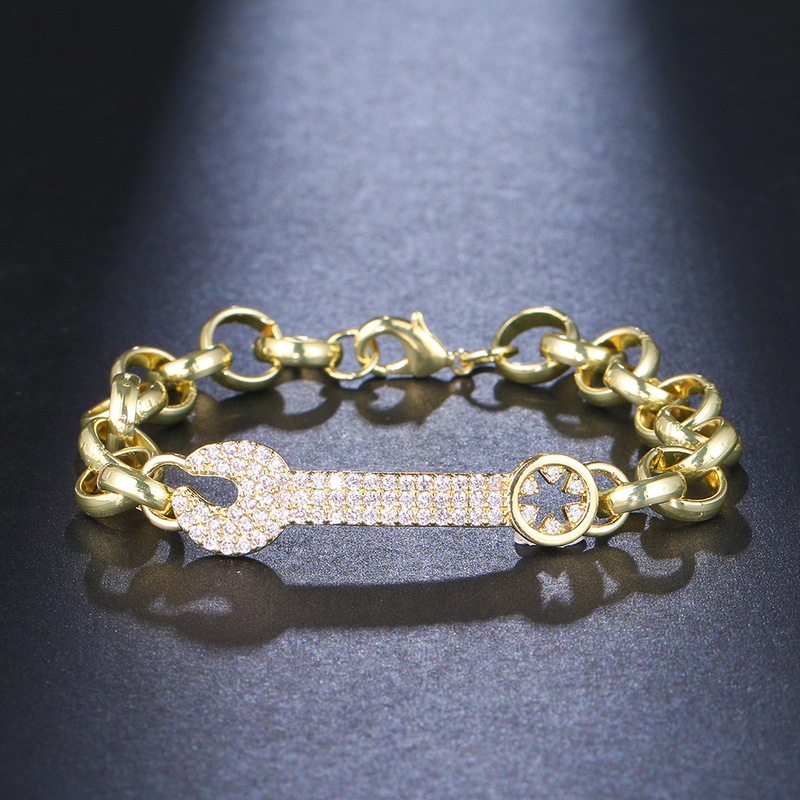 Cross-Border Popular Simple Versatile Punk Neutral Hip-Hop Brass Zircon Gold Bracelet European and American Hot-Selling Wholesale Supply