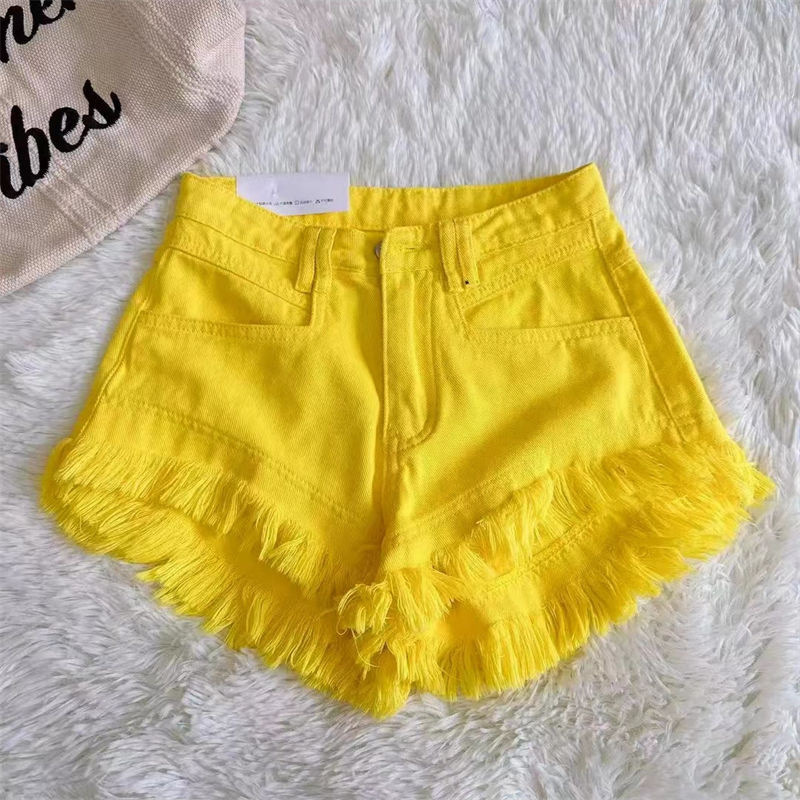 Quần short denim lưng cao màu hồng cho nữ mùa hè 2024 mới dạo phố cao cấp hợp thời trang dáng rộng thô viền chữ A giảm béo quần nóng