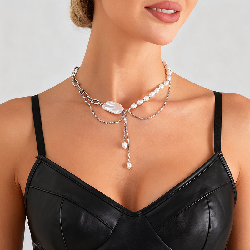 欧美跨境饰品性感流苏扁平风项链时尚链条珍珠拼接风小众necklace