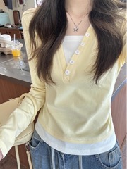 设计感小众别致长袖T恤女秋修身韩版短款假两件上衣内搭打底衫