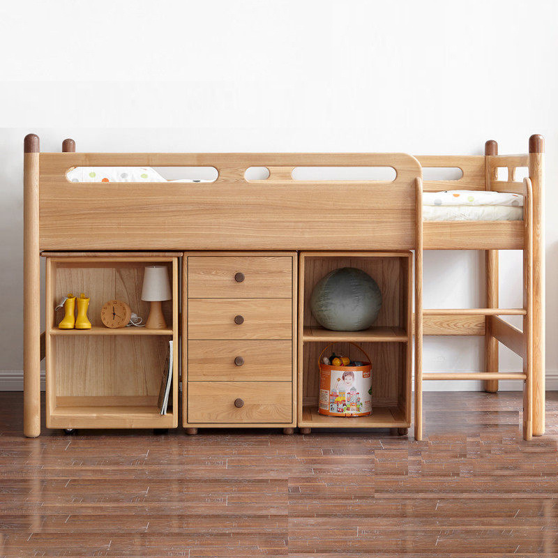 90cm Kidsren's Bed for Boys and Girls Single Bed Red Oak Half-Height Bed All Solid Wood Loft Bed Multi-Functional Storage Ladder