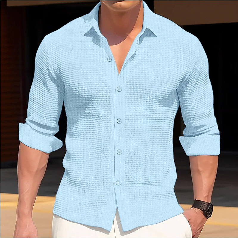 Cross-Border Spring & Fall New European and American Men's Large Size Solid Color Long-Sleeved Shirt Waffle Casual Lapel Shirt Top