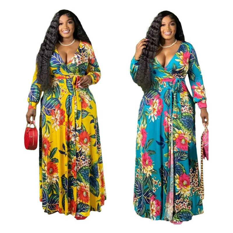 Amazon Ebay popular European and American women's sexy V-neck exquisite printing plus size and land dress