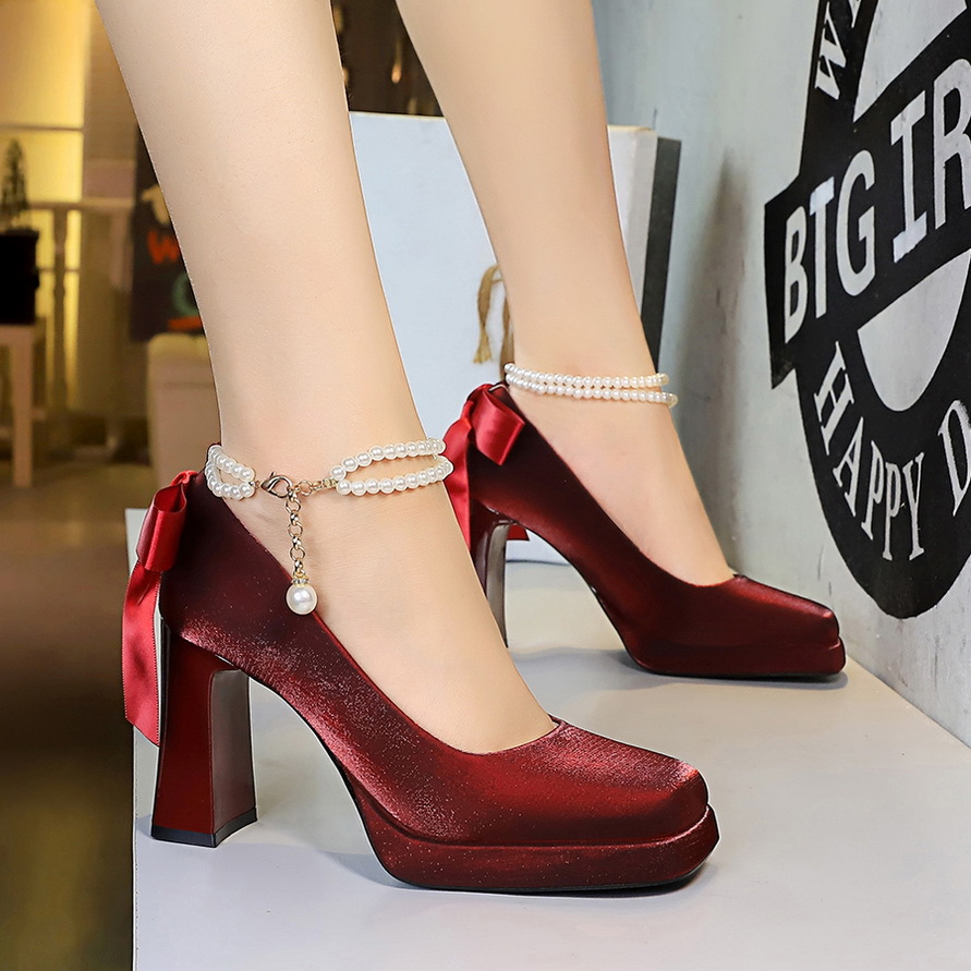 Satin Platform Stiletto Heels With Pearl Strap And Bow Detail_voghion.com