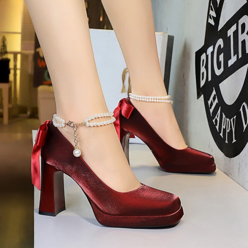 9982-H79TP Korean-style square-toed chunky-heeled platform high-heeled shoes with pearl strap and back bow silk satin single shoes 9982-H79TP Korean-style square-toed chunky-heeled platform high-heeled shoes with pearl strap and back bow silk satin single shoes