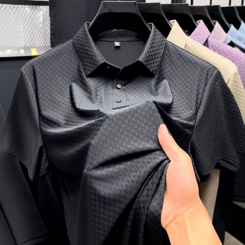 Extra Large Size 150kg Waffle Mesh Ice Silk T-Shirt Men's Short-Sleeved Shirt with Lapel Loose Polo Shirt Summer