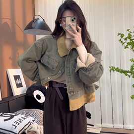 年秋冬季新款牛仔外套棉服棉衣加绒加厚撞色翻领假两件上衣女