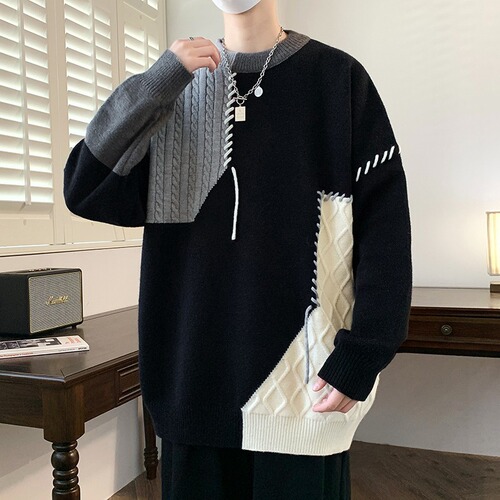 Autumn/Winter Color Block Stitched Individual Sewn Crew Neck Knit Sweater, Thick Men's Lazy Style Couple Hooded Sweater