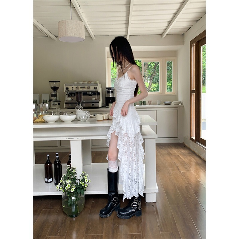 Hot Girl Style Irregular Hem Slit Dress Summer New Arrival Comfortable Slim Fit Lace Suspender Long Dress Wholesale
