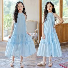 女童連衣裙夏季無袖掛脖吊帶長裙2024韓版鑫款中大童兒童度假裙子
