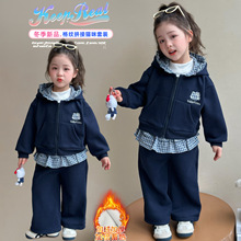 女童套装秋冬款2025新款儿童花边格子帽子猫咪拉链加绒外套两件套